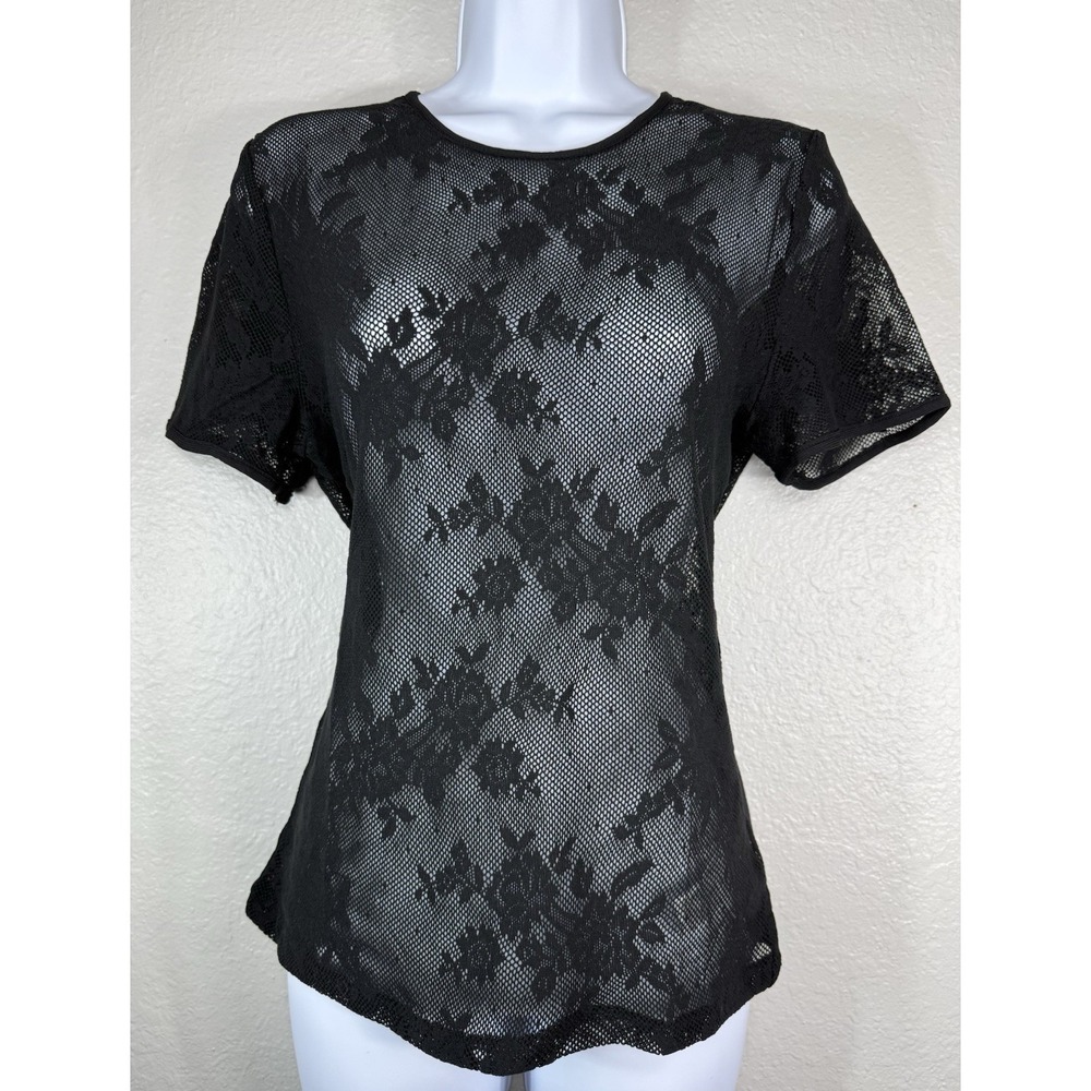 Gap Black Floral Lace Mesh Top Women's L sheer overlay Short Sleeve Layering